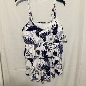 NWT Island Waves swimsuit pleated tank, blue and white tropical 3X